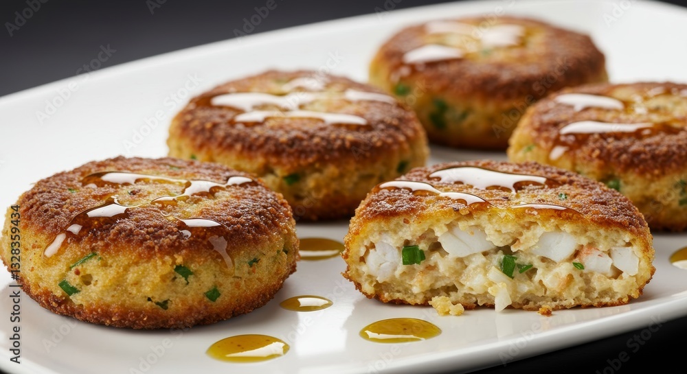 Delicious Golden Brown Crab Cakes with Drizzled Honey Glaze Close up Food Photography Delicious Golden Brown Crab Cakes with Drizzled Honey Glaze Close up Food Photography