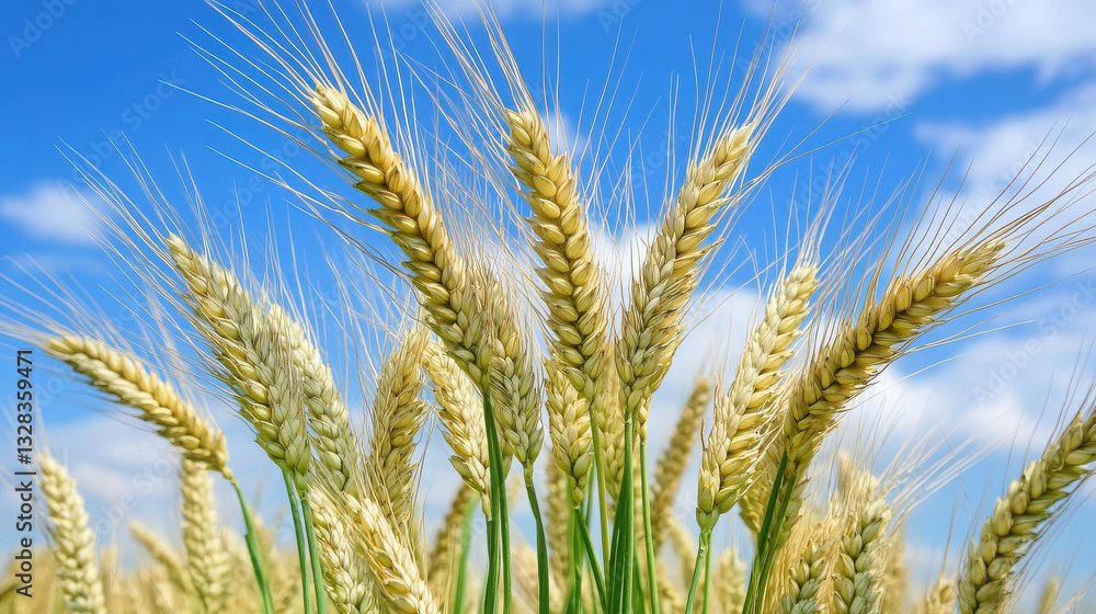 Close-up of golden wheat stalks against a blue sky with clouds. Close-up of golden wheat stalks against a blue sky with clouds.
