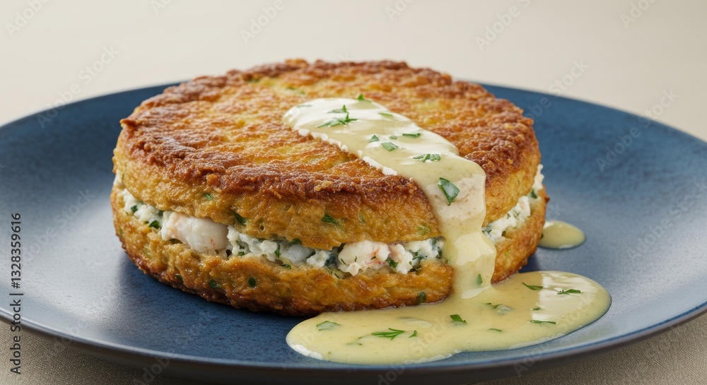 Delicious Crab Cake Appetizer with Creamy Sauce on a Plate Delicious Crab Cake Appetizer with Creamy Sauce on a Plate