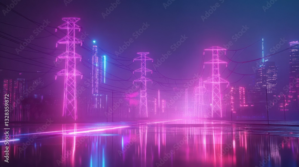 Neon lit power towers and skyline reflecting on water Neon lit power towers and skyline reflecting on water