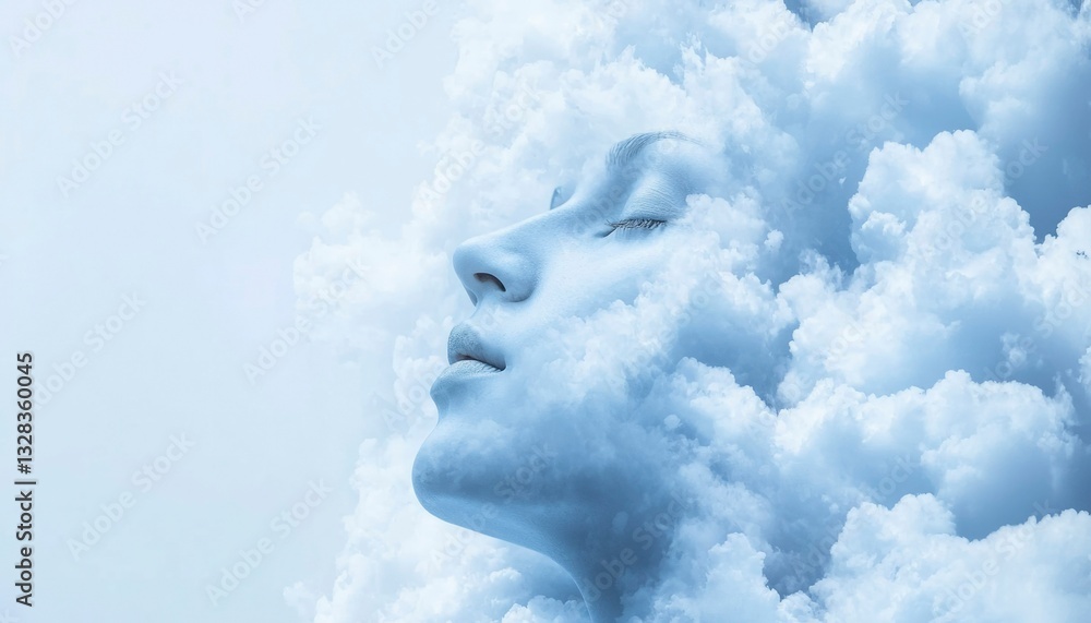 Serene face merges with fluffy clouds, evoking peace and tranquility Serene face merges with fluffy clouds, evoking peace and tranquility