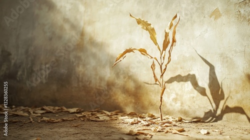 intimate portrait wilting corn plant against backdrop of failing crop, desiccated silk threads, stunted growth patterns, yellowed leaves curling like paper, stark shadows on dusty ground, muted earth