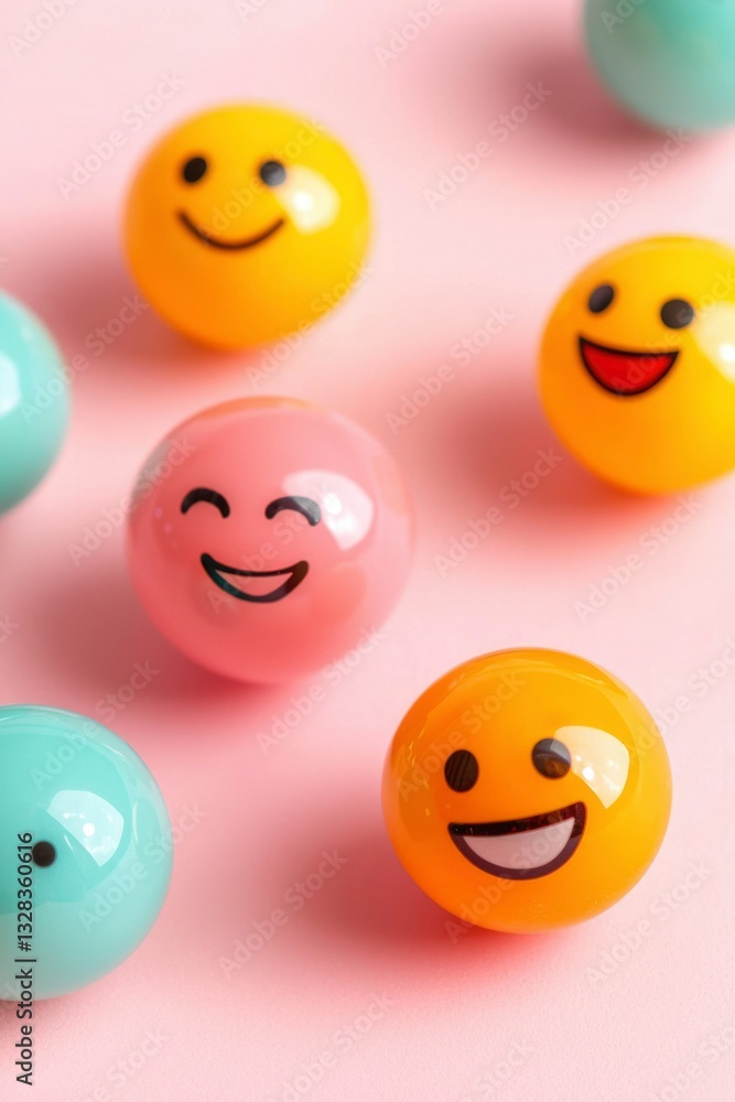 Colorful balls with happy faces scattered on pink background Colorful balls with happy faces scattered on pink background