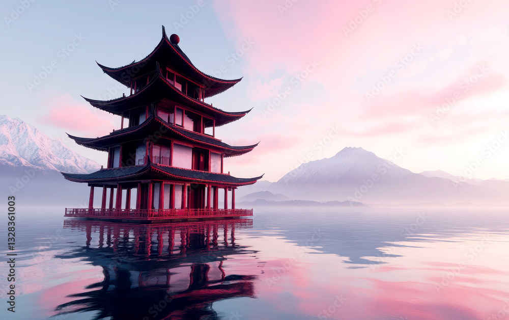 Obraz premium A serene pagoda reflected in tranquil waters at sunset.
