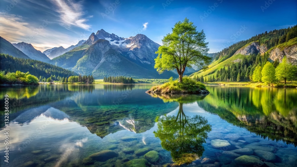 Fototapeta premium Serene Mountain Lake with Solitary Tree - Peaceful Nature Scene Stock Photo