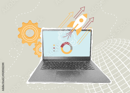 Trendy halftone collage. Global business launch. Concept of launching a new business product, starting a business, successful startup. Launching a rocket from laptop screen.