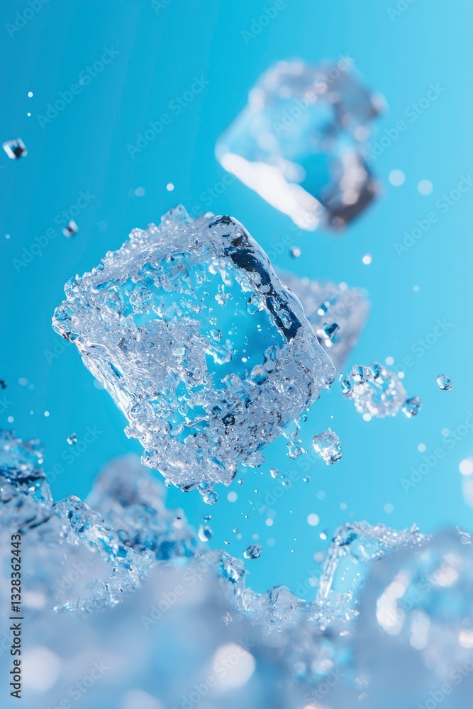 Obraz premium Crystal-clear ice cubes levitate against a vibrant blue backdrop, water droplets suspended in mid-air