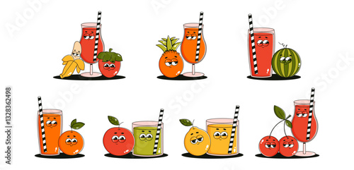 Retro groovy stickers of summer fruits and cocktails. Comic characters strawberry, lemon, banana, apple, pineapple, orange, cherry, watermelon. Vector illustration