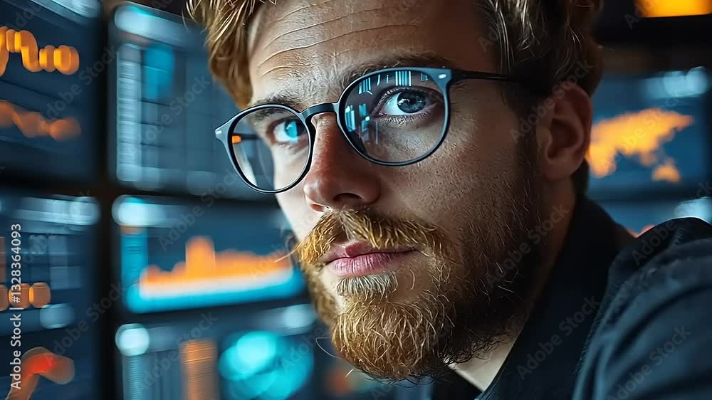Focused young man analyzing data on multiple screens in a modern office environment Focused young man analyzing data on multiple screens in a modern office environment