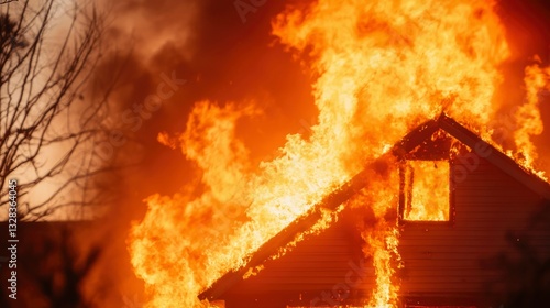 Intense house fire with raging flames engulfing the structure