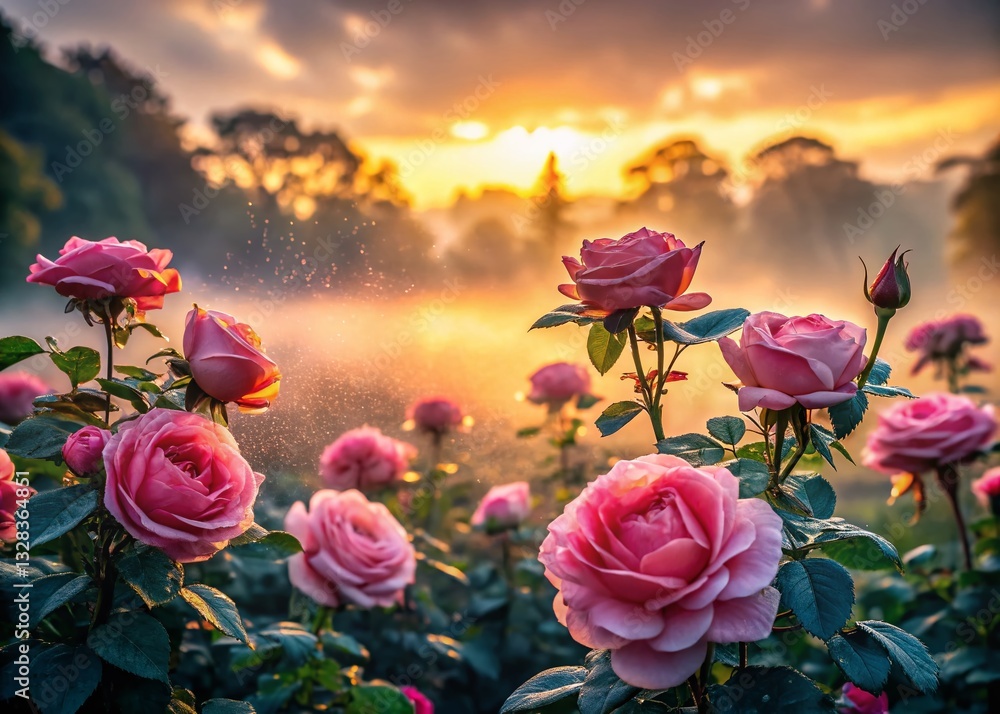 Serene Rose Garden at Dawn, Misty Landscape, Pink Roses, Dew Drops Serene Rose Garden at Dawn, Misty Landscape, Pink Roses, Dew Drops