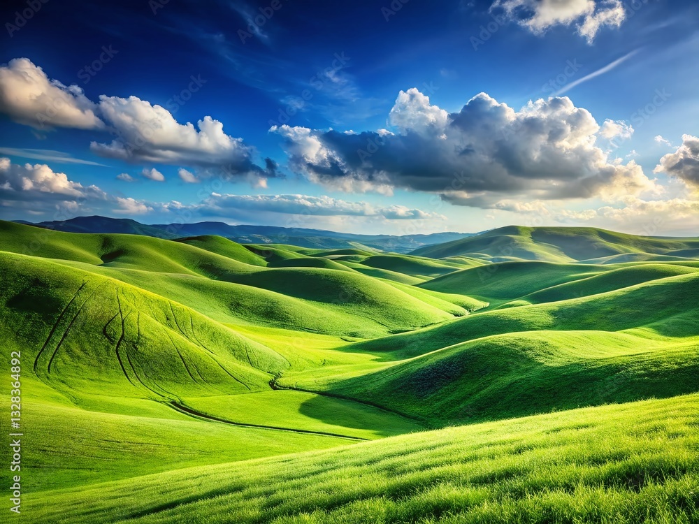 Obraz premium Serene Rolling Green Hills Landscape - Tranquil Pastoral Scene, Sunny Sky, Countryside Idyll