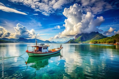 Serene Seascape: Fishing Boat at Anchor, Mountain & Blue Sky Background