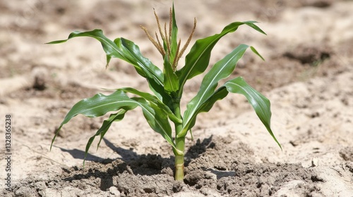 close-up weathered corn plant with shriveled leaves drooping downward, prematurely browned tassels, undersized ears with exposed kernels, parched soil texture visible, harsh midday shadows
