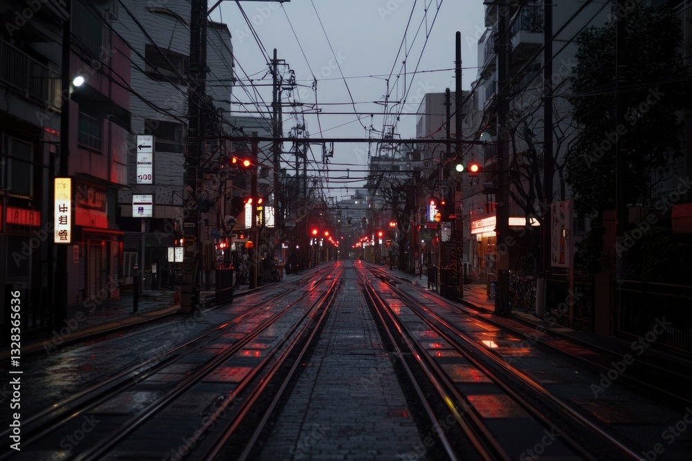 Fototapeta premium Empty city street with tram tracks at dusk, red lights reflecting on wet pavement