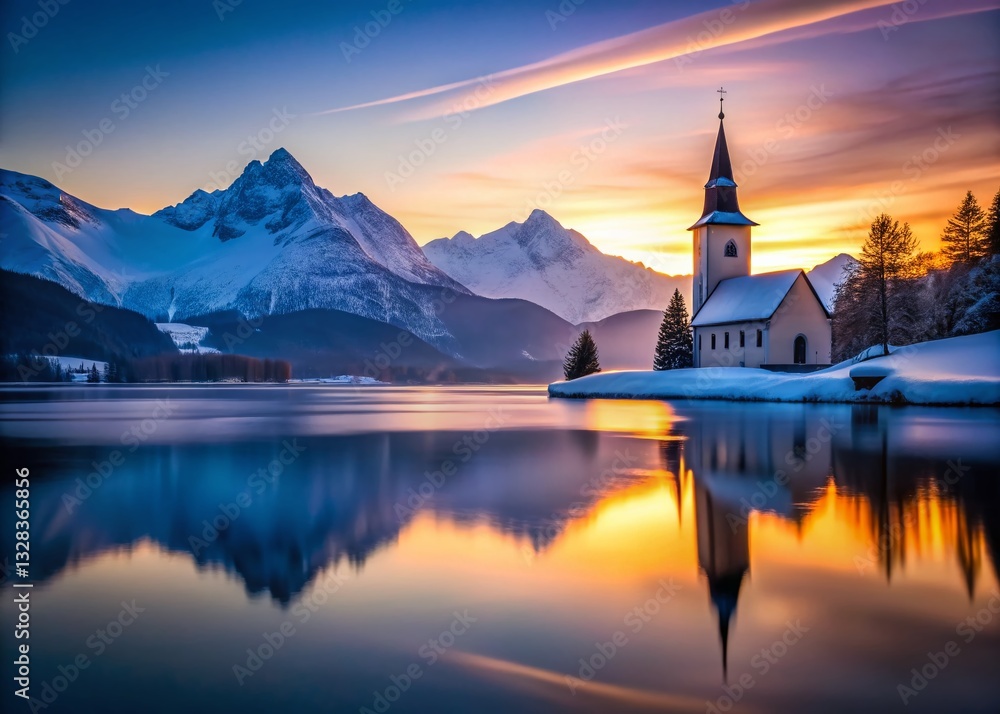 Fototapeta premium Serene Snowy Church Silhouette by Calm Water, Mountain View - Winter Landscape Stock Photo