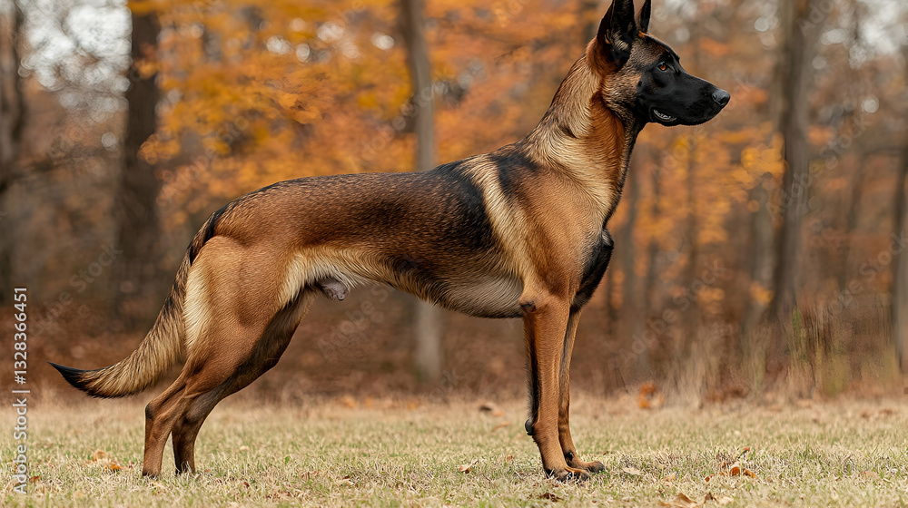 Elegant Malinois Dog Posing in Autumn Forest with Colorful Foliage Elegant Malinois Dog Posing in Autumn Forest with Colorful Foliage