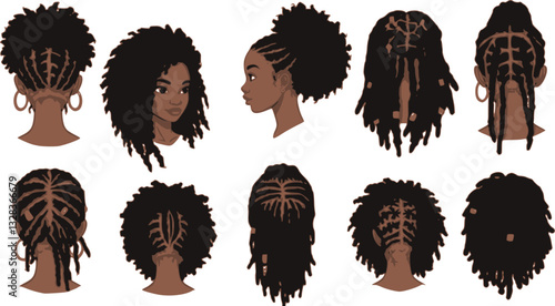Set of female afro hairstyles. Collection of dreads and afro braids for a girl. Black and white illustration for a hairdrymaker.
