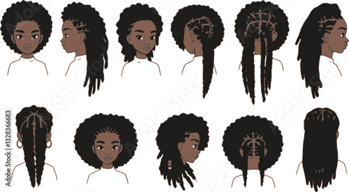 Set of female afro hairstyles. Collection of dreads and afro braids for a girl. Black and white illustration for a hairdrymaker.
