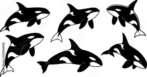Set of killer whales. Collection of stylized orca whale. Black white vector illustration of sea predatory fish. Tattoo.
