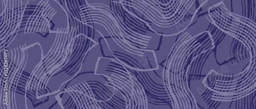 Hand drawn brush line abstract curve pattern in monochromatic purple, Japanese and ethnic folk wood carving, block print textured surface background, simple graphic for textile, carpet, decoration