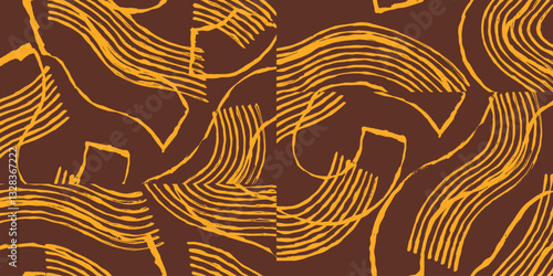 Seamless, hand drawn curve lines abstract pattern, Japanese, ethnic folk and tribal wood carving, block print texture surface background, simple graphic for textile, carpet, decoration