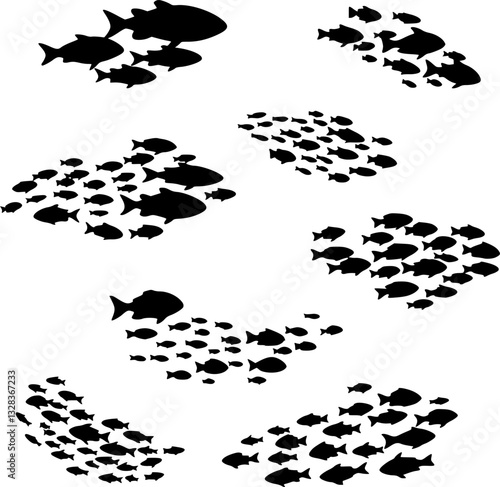 Colored silhouettes of groups of sea fishes. Colony of small fish. Icon with river taxers. Logo fish.
Colored silhouettes school of fish. A group of silhouette fish swim in a circle. Marine life.
