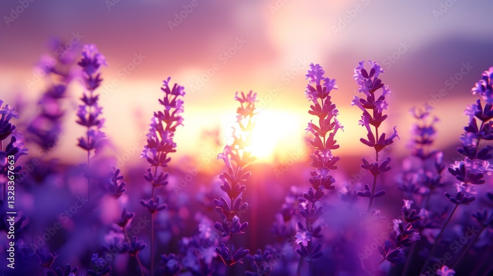 Fototapeta premium Vibrant lavender field at sunset purple blooms, stems, and rolling hills under warm light