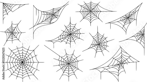 Set of web silhouettes. Spider web collection for halloween. Black and white illustration of elements for decor for the celebration of Halloween.
