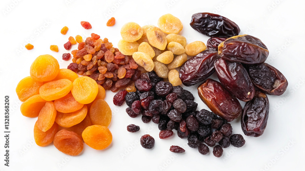 Obraz premium Assorted Dried Fruits on White Background: Apricots, Raisins, Cranberries, Dates
