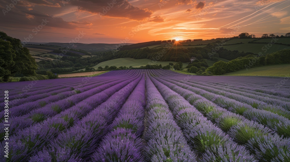 Vibrant lavender field at sunset a stunning display of purple blooms and rolling hills Vibrant lavender field at sunset a stunning display of purple blooms and rolling hills