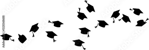 Set of flying graduation caps. Collection of students toss caps. Black white vector illustration.
