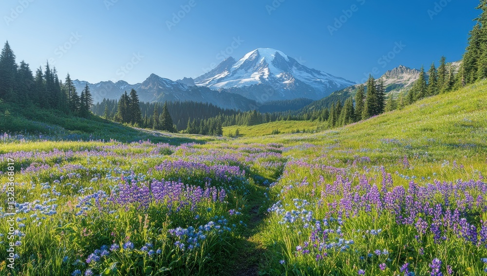 Scenic View of a Vibrant Meadow with Colorful Wildflowers and Majestic Snow-Capped Mountain in Clear Blue Sky Scenic View of a Vibrant Meadow with Colorful Wildflowers and Majestic Snow-Capped Mountain in Clear Blue Sky