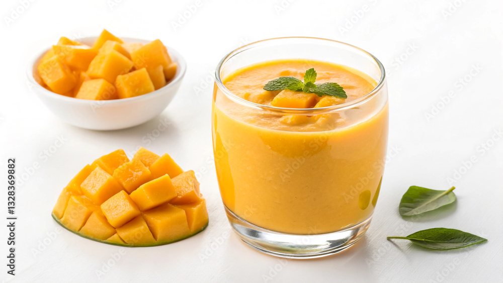 Fresh Mango Smoothie with Mint Garnish and Diced Mangoes on White Background Fresh Mango Smoothie with Mint Garnish and Diced Mangoes on White Background