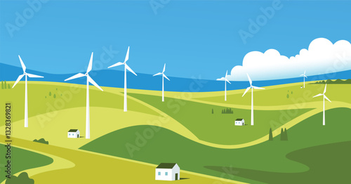 Landscape eco city using wind turbine, environmental concept