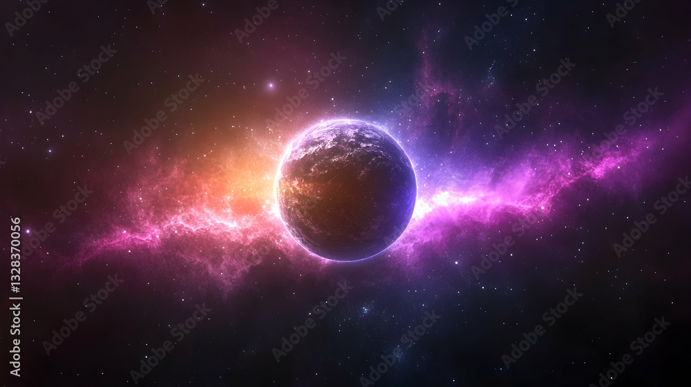 Stunning Cosmic Scene with Bright Nebula and Planet in Space Stunning Cosmic Scene with Bright Nebula and Planet in Space
