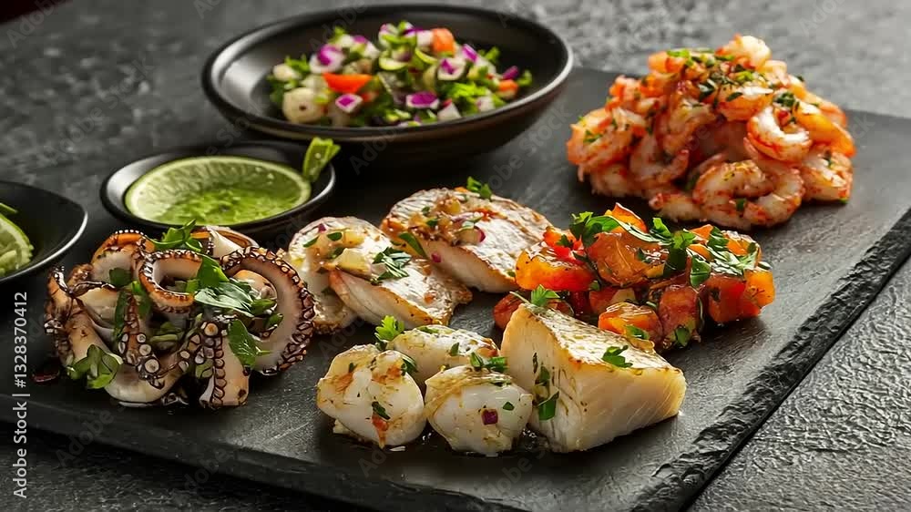 A vibrant seafood platter featuring grilled shrimp, octopus, and fish garnished with herbs on slate A vibrant seafood platter featuring grilled shrimp, octopus, and fish garnished with herbs on slate