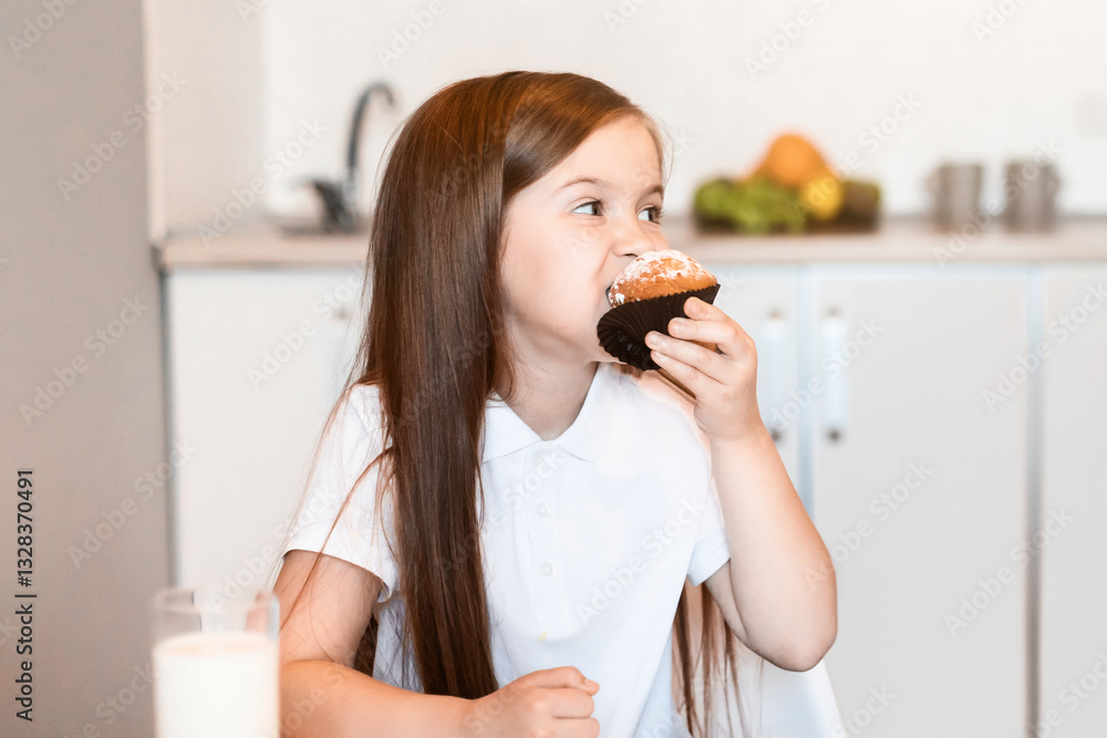 Little Girl And Her Father Eating Muffins With Milk Enjoying Breakfast Together In Kitchen At Home. Family Lunch Concept Little Girl And Her Father Eating Muffins With Milk Enjoying Breakfast Together In Kitchen At Home. Family Lunch Concept