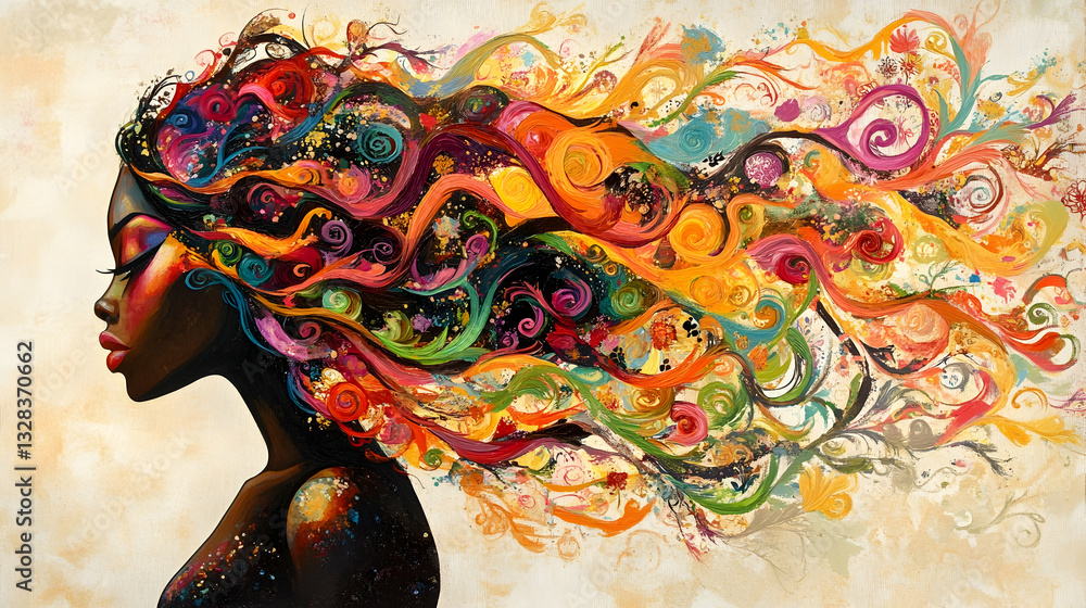 Naklejka premium Colorful Abstract Art of a Woman with Vibrant Flowing Hair
