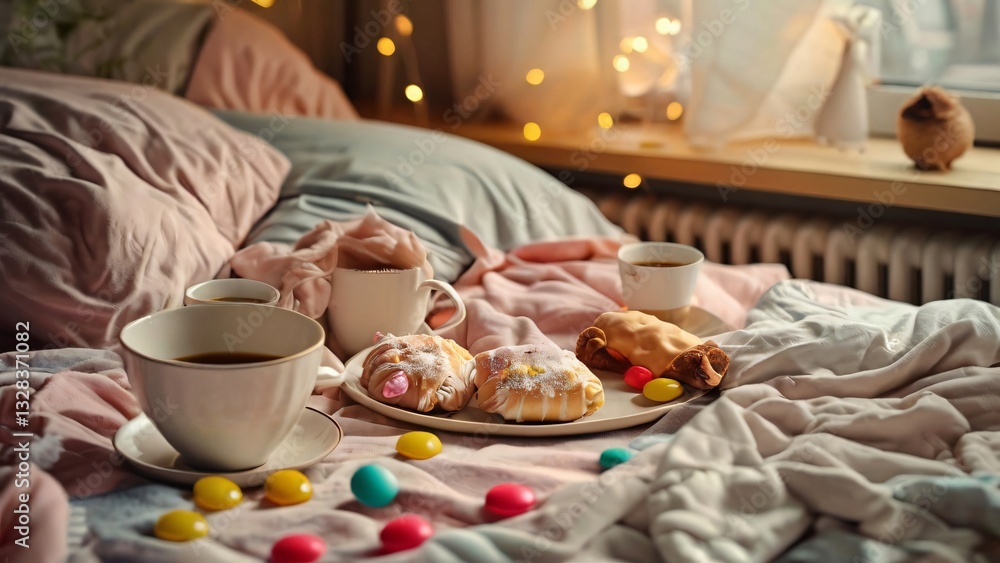 Naklejka premium Coffee and Sweets in an Unmade Bed Illustration for World Laziness Day