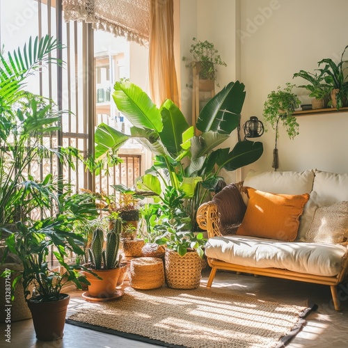 Here are  stock photo prompts related to arranging potted plants in living rooms or balconies to create a cozy sitting area