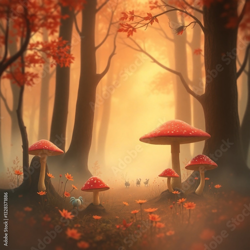 A beautiful, autumnal forest with glowing mushrooms in a mystical fog. photo