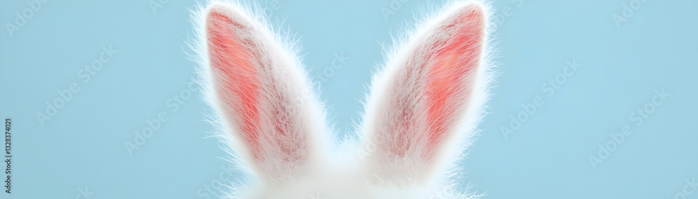 Fototapeta premium Cute Fluffy White Rabbit Ears on Blue Background with Soft Texture