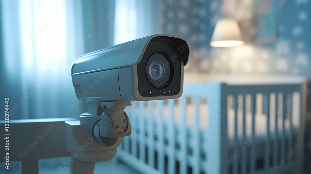 Baby Monitor Camera in Softly Lit Nursery with Crib and Decor