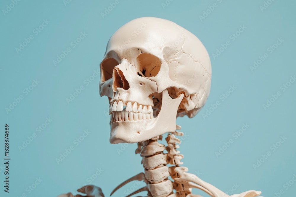 Close-up of a human skull and upper cervical spine against a light blue background Close-up of a human skull and upper cervical spine against a light blue background