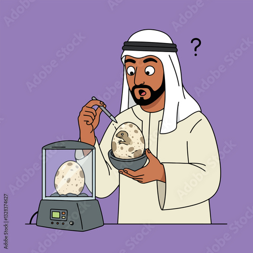 Man Observing Emerging Reptile From Egg with Incubator Technology