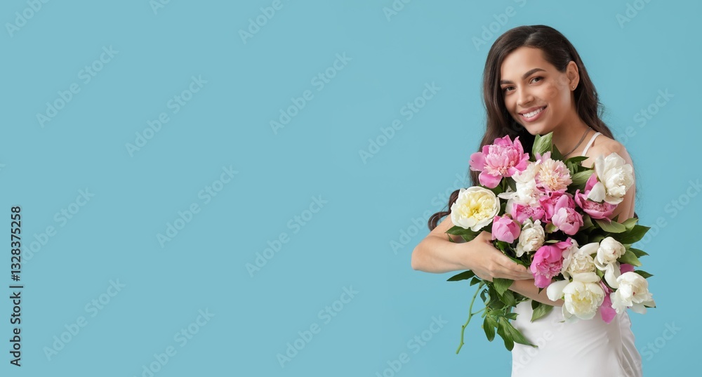 Beautiful young woman with bouquet of peony flowers on light blue background with space for text Beautiful young woman with bouquet of peony flowers on light blue background with space for text
