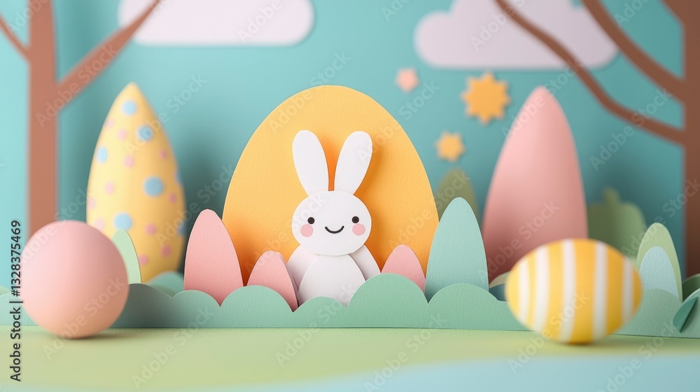 Papercraft Easter scene with bunny and eggs in a whimsical landscape Papercraft Easter scene with bunny and eggs in a whimsical landscape