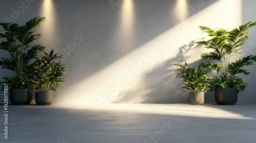 Sunlit minimalist interior with potted plants against a textured wall