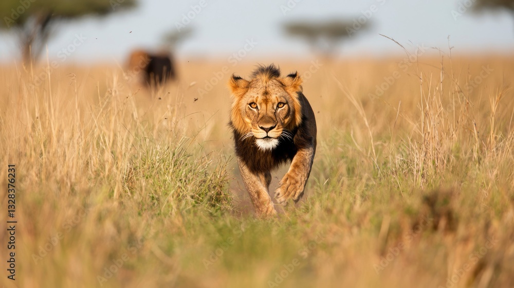 Fototapeta premium Majestic lion strides toward viewer across golden savanna grass